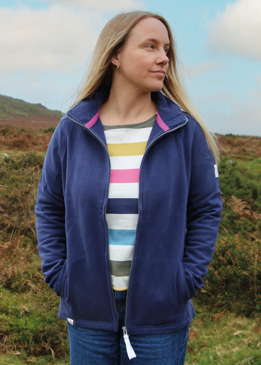 Woman wearing a Lazy Jacks LJ33 full zip sweatshirt in Twilight Navy
