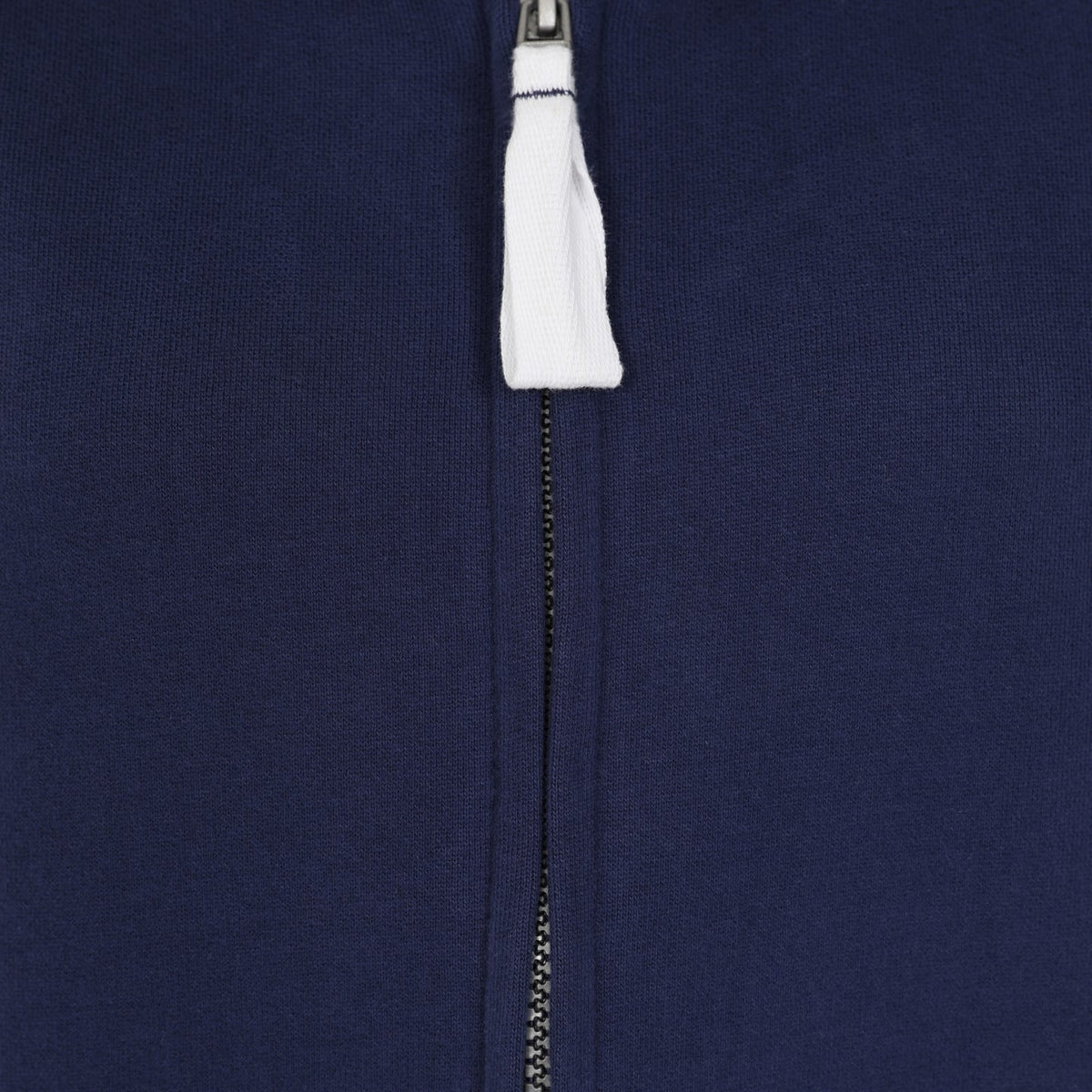 Close-up view of the zip on a womens Lazy Jacks LJ33 full zip sweatshirt in Twilight Navy