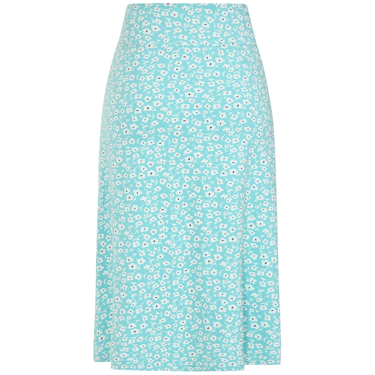 Front view of a women's Lazy Jacks LJ41 jersey skirt in turquoise with a white Buttercup floral pattern.