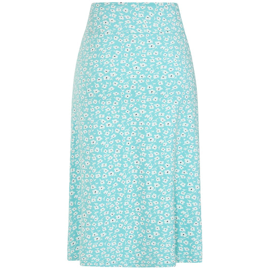 Front view of a women's Lazy Jacks LJ41 jersey skirt in turquoise with a white Buttercup floral pattern.