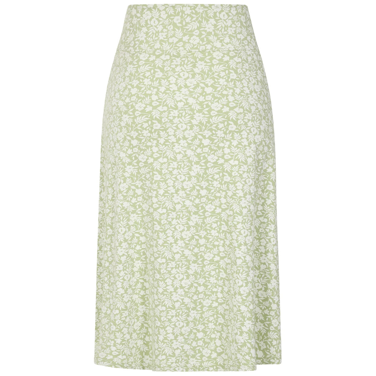 Front view of a women's Lazy Jacks LJ41 jersey skirt in a light shade of Grass Green with a delicate white floral pattern.