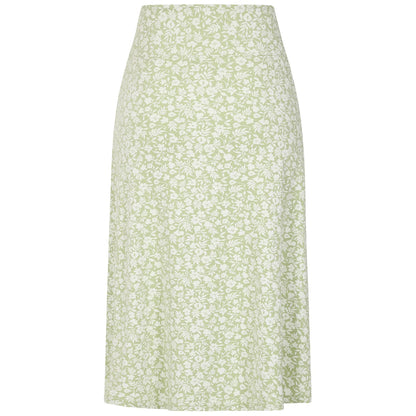 Front view of a women's Lazy Jacks LJ41 jersey skirt in a light shade of Grass Green with a delicate white floral pattern.