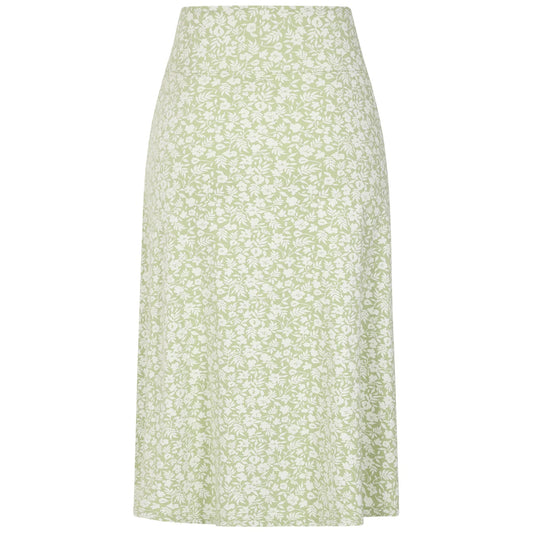 Front view of a women's Lazy Jacks LJ41 jersey skirt in a light shade of Grass Green with a delicate white floral pattern.