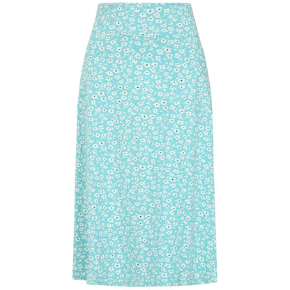 Back view of a women's Lazy Jacks LJ41 jersey skirt in turquoise with a white Buttercup floral pattern.