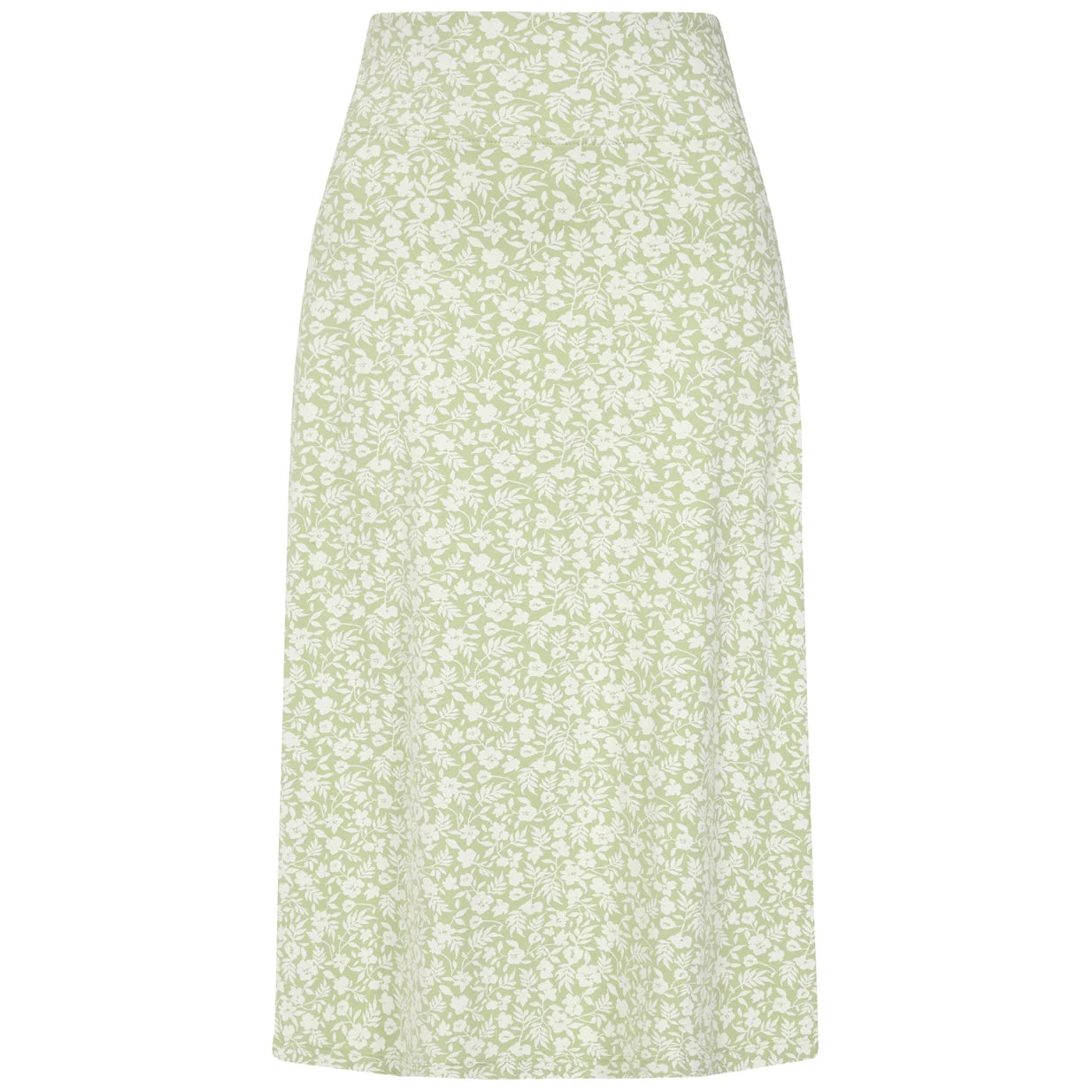 Back view of a women's Lazy Jacks LJ41 jersey skirt in a light shade of Grass Green with a delicate white floral pattern.