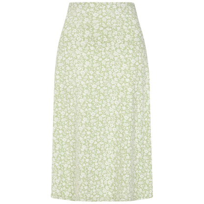 Back view of a women's Lazy Jacks LJ41 jersey skirt in a light shade of Grass Green with a delicate white floral pattern.