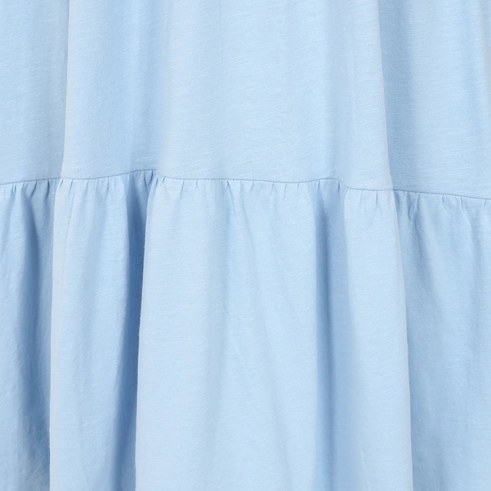Close-up view of the tiered fabric of a Lazy Jacks LJ524 short sleeve dress in sky blue.