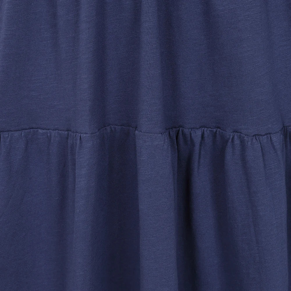 Close-up view of the tiered fabric of a Lazy Jacks LJ524 short sleeve dress in twilight blue.