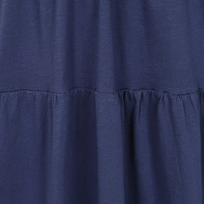 Close-up view of the tiered fabric of a Lazy Jacks LJ524 short sleeve dress in twilight blue.