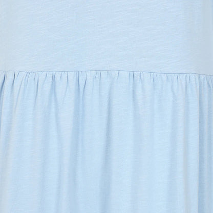 Close-up view of the gathered fabric of a Lazy Jacks LJ524 short sleeve dress in sky blue.
