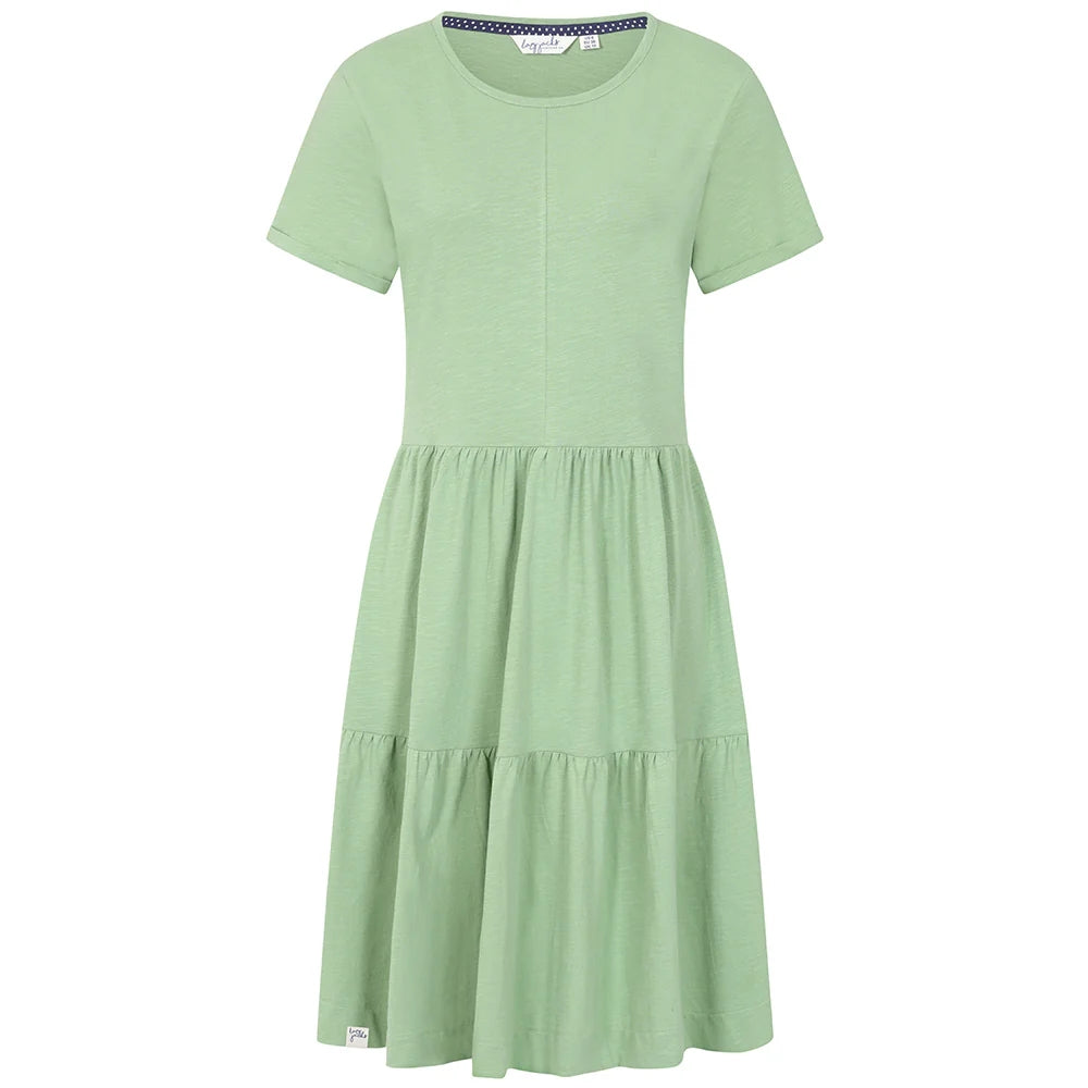 Front view of a women's Lazy Jacks LJ524 short sleeve tiered dress in grass green.