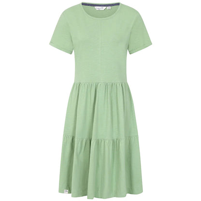 Front view of a women's Lazy Jacks LJ524 short sleeve tiered dress in grass green.