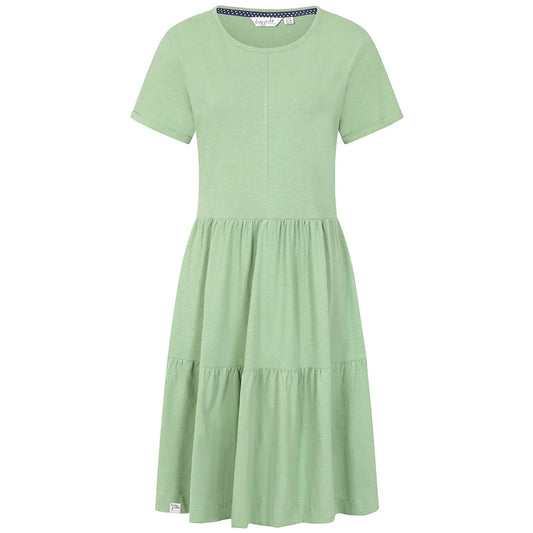 Front view of a women's Lazy Jacks LJ524 short sleeve tiered dress in grass green.