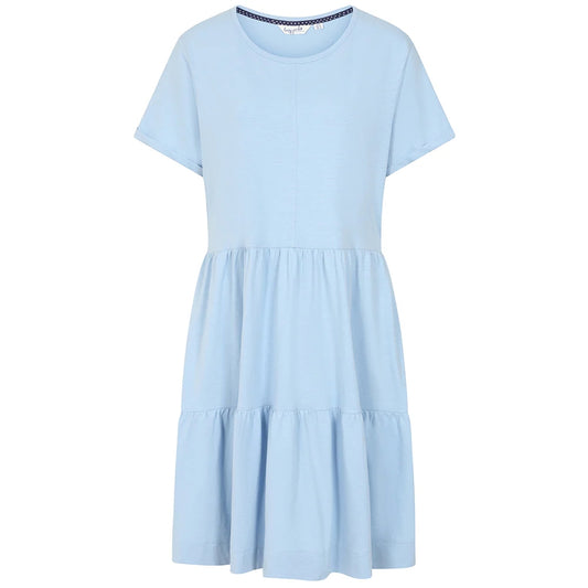 Front view of a women's Lazy Jacks LJ524 short sleeve tiered dress in sky blue.