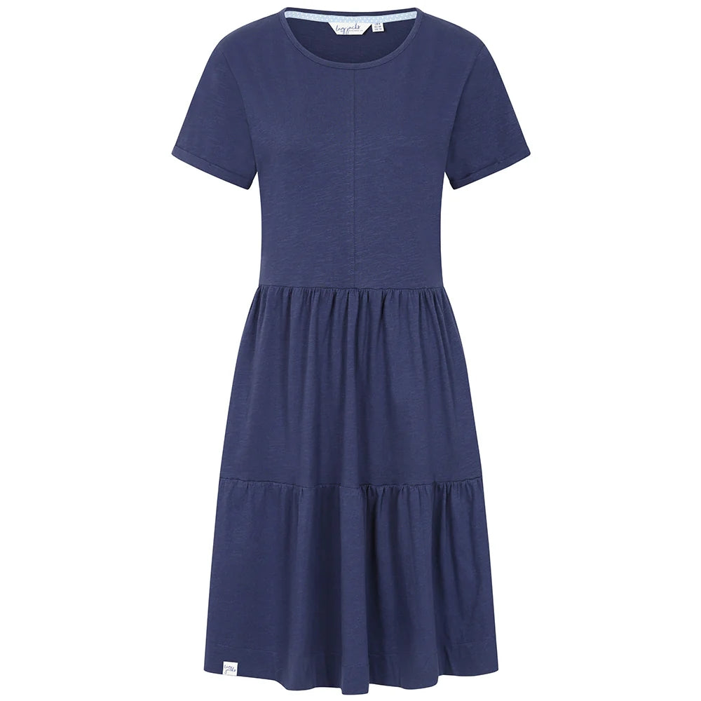 Front view of a women's Lazy Jacks LJ524 short sleeve tiered dress in twilight blue.