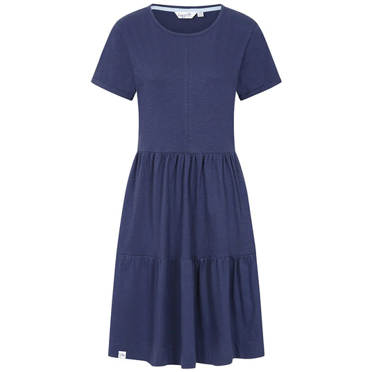 Front view of a women's Lazy Jacks LJ524 short sleeve tiered dress in twilight blue.