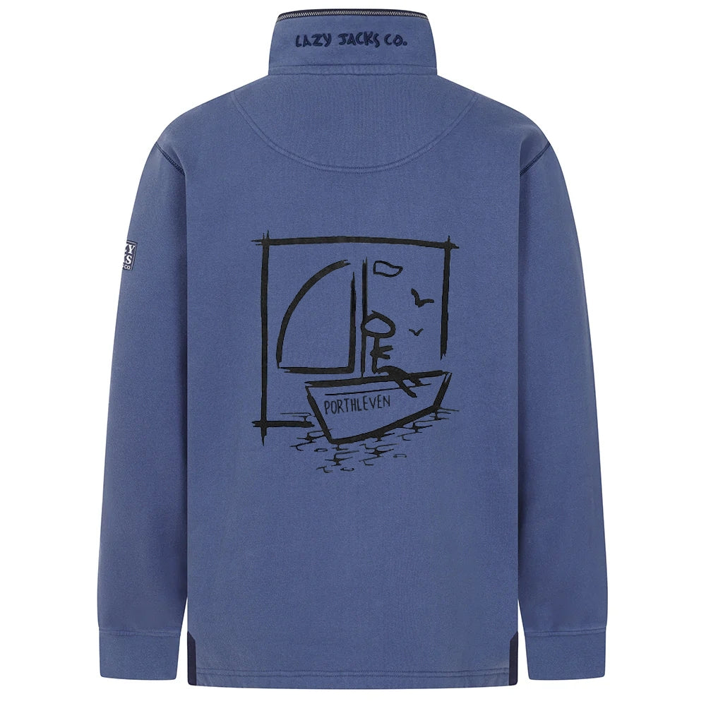 Main view of a Lazy Jacks Porthleven print sweatshirt in Denim Blue with sailboat design on the back