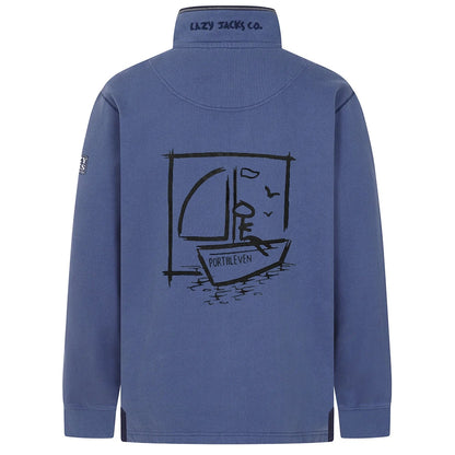 Main view of a Lazy Jacks Porthleven print sweatshirt in Denim Blue with sailboat design on the back