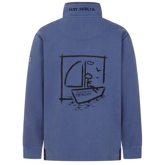Main view of a Lazy Jacks Porthleven print sweatshirt in Denim Blue with sailboat design on the back