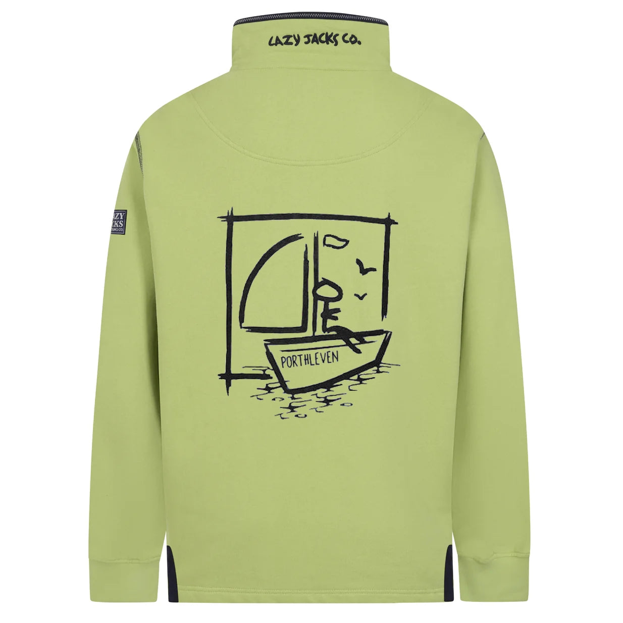 Main view of a Lazy Jacks Porthleven print sweatshirt in Lime Green with sailboat design on the back