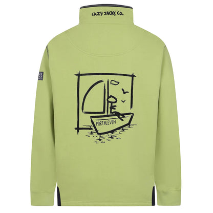 Main view of a Lazy Jacks Porthleven print sweatshirt in Lime Green with sailboat design on the back