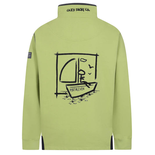 Main view of a Lazy Jacks Porthleven print sweatshirt in Lime Green with sailboat design on the back