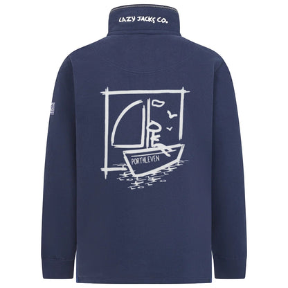 Main view of a Lazy Jacks Porthleven print sweatshirt in Marine Navy with sailboat design on the back
