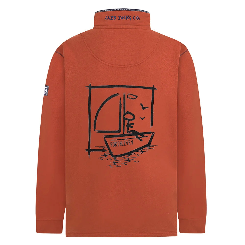 Main view of a Lazy Jacks Porthleven print sweatshirt in Orange with sailboat design on the back
