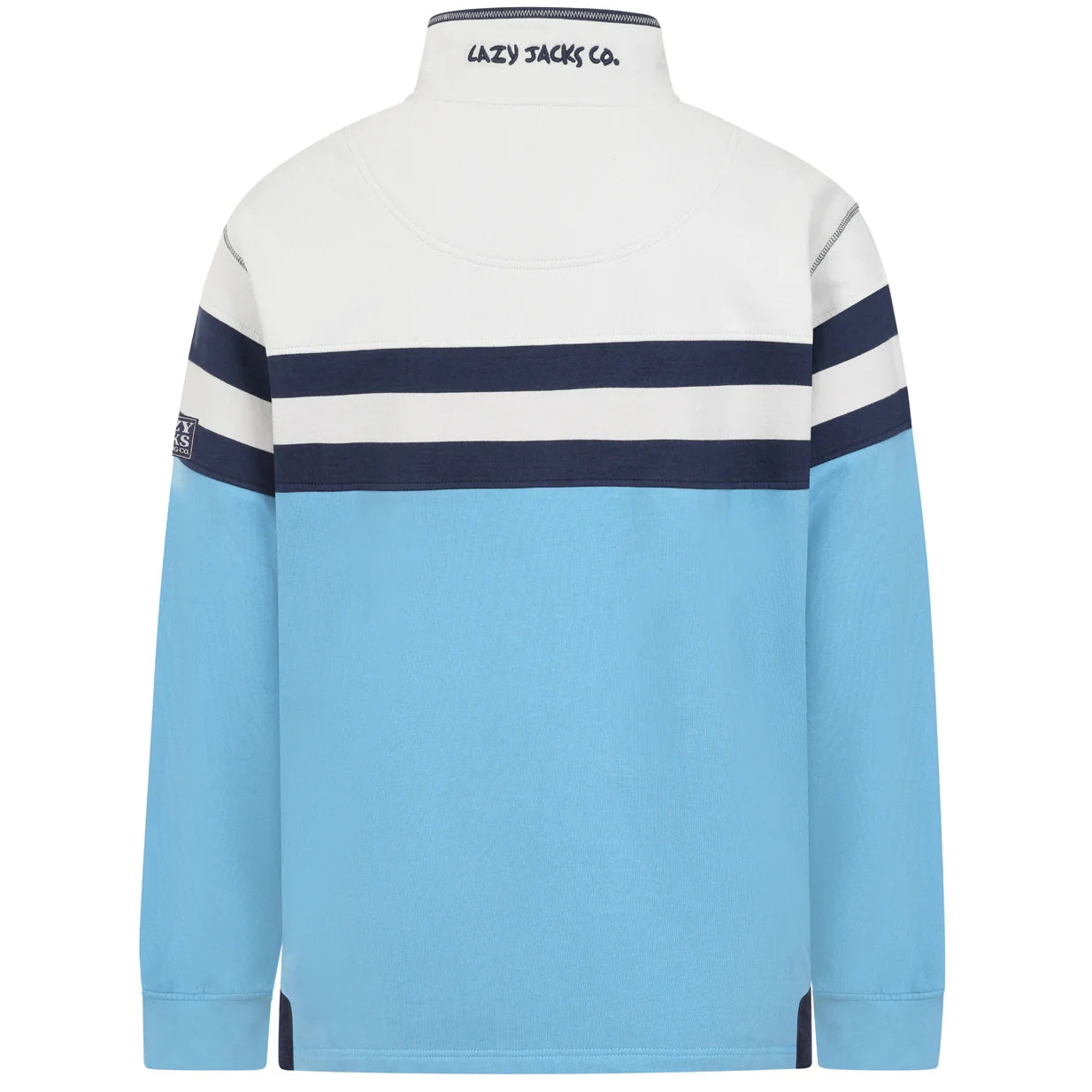 Back view of a mens Lazy Jacks LJ51 1/4 zip sweatshirt in a colour block blue and light grey design with navy stripes across the chest and sleeves.