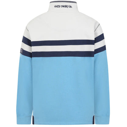 Back view of a mens Lazy Jacks LJ51 1/4 zip sweatshirt in a colour block blue and light grey design with navy stripes across the chest and sleeves.