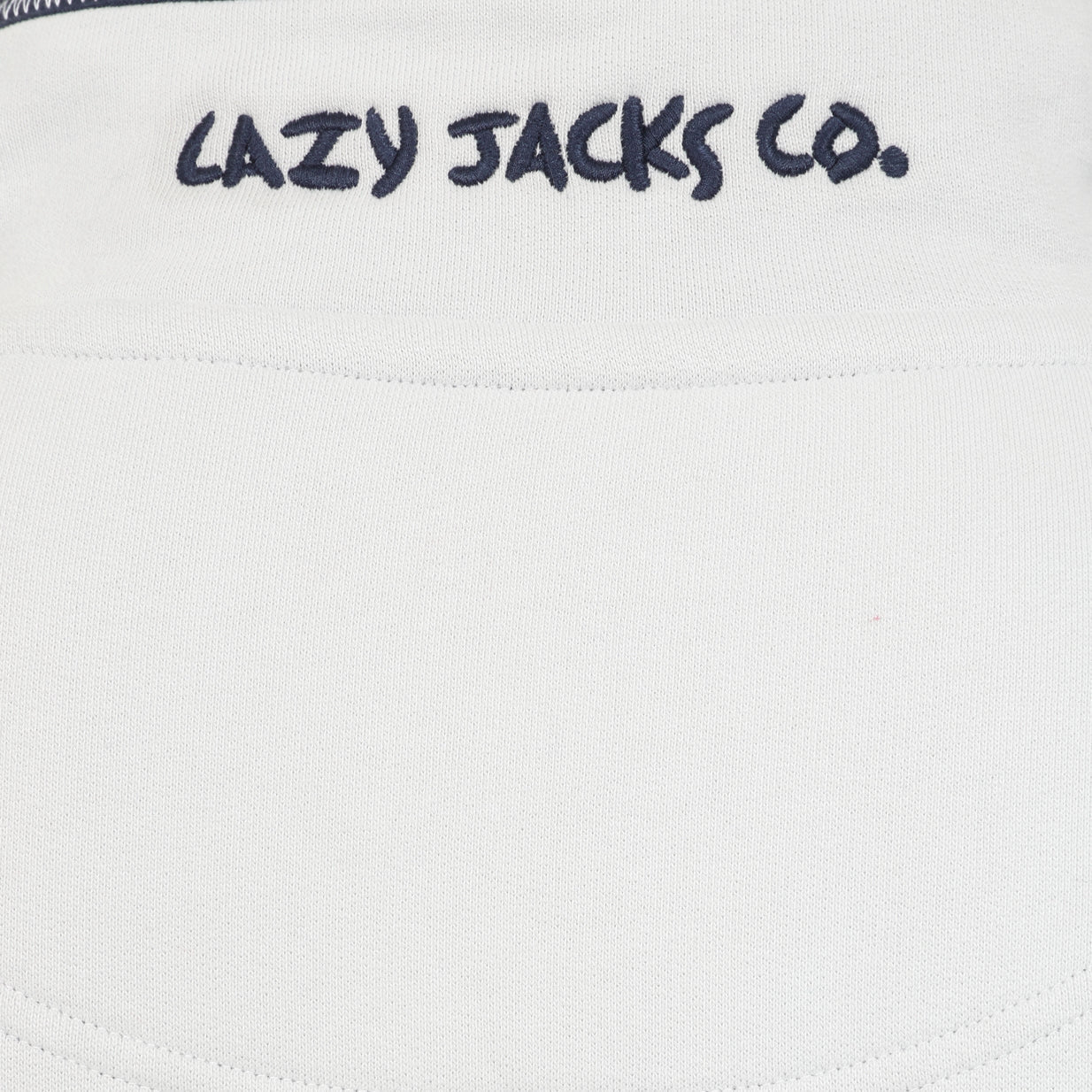 Close-up view of the logo embroidered collar of a mens Lazy Jacks LJ51 1/4 zip sweatshirt in Ocean Blue