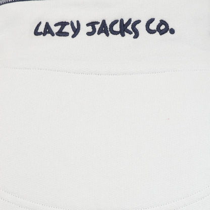 Close-up view of the logo embroidered collar of a mens Lazy Jacks LJ51 1/4 zip sweatshirt in Ocean Blue