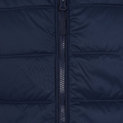 Close-up view of a mens Lazy Jacks GL3 lightweight padded gilet in Marine Navy with zip through front.