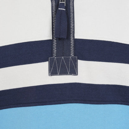 Close-up view of the zip neckline of a mens Lazy Jacks LJ51 1/4 zip sweatshirt in Ocean Blue and light grey with navy stripes across the chest.