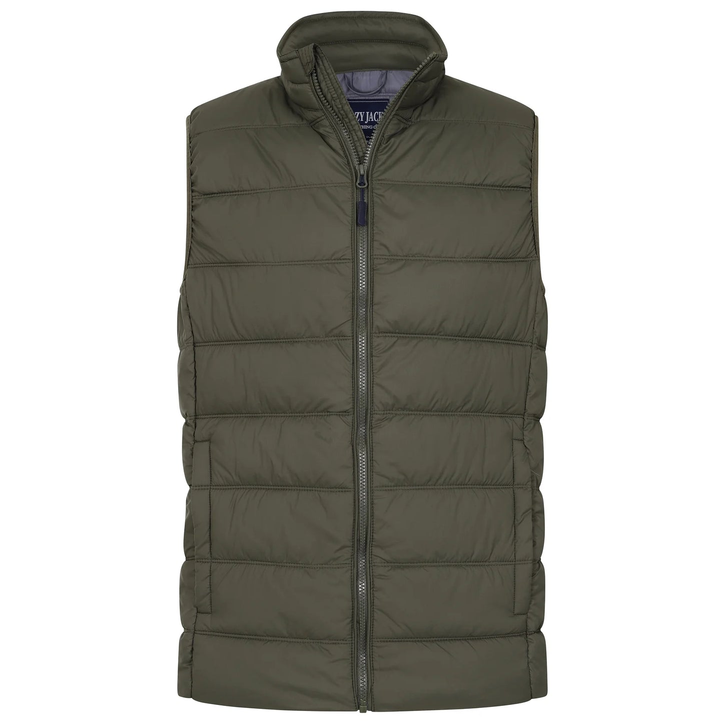Front view of a mens Lazy Jacks GL3 lightweight padded gilet in Khaki green with zip through front and two front pockets