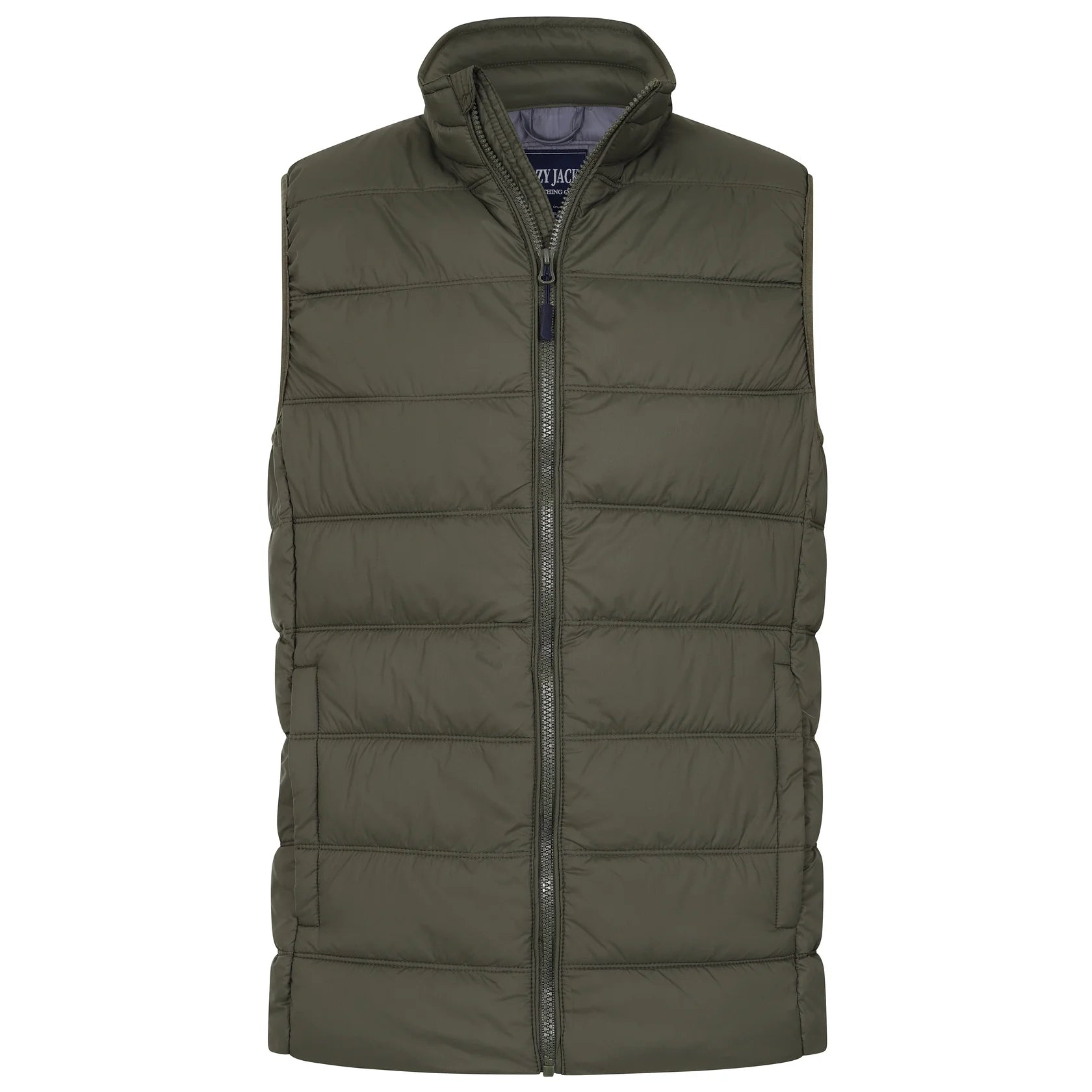 Front view of a mens Lazy Jacks GL3 lightweight padded gilet in Khaki green with zip through front and two front pockets