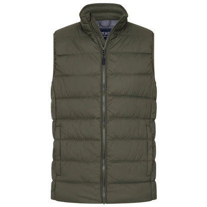 Front view of a mens Lazy Jacks GL3 lightweight padded gilet in Khaki green with zip through front and two front pockets