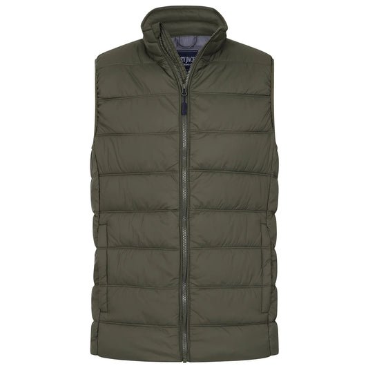 Front view of a mens Lazy Jacks GL3 lightweight padded gilet in Khaki green with zip through front and two front pockets