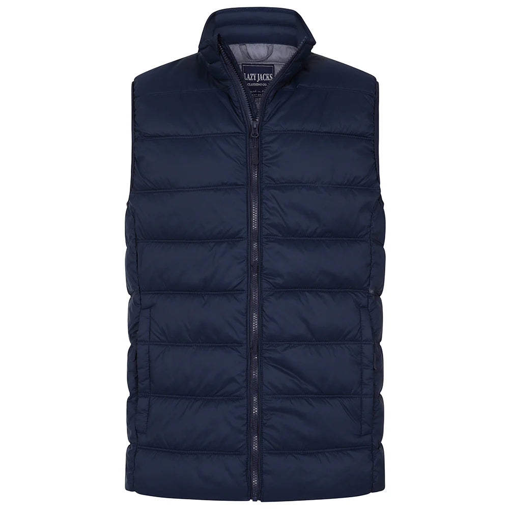 Front view of a mens Lazy Jacks GL3 lightweight padded gilet in Marine Navy with zip through front and two front pockets
