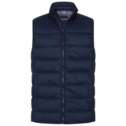 Front view of a mens Lazy Jacks GL3 lightweight padded gilet in Marine Navy with zip through front and two front pockets