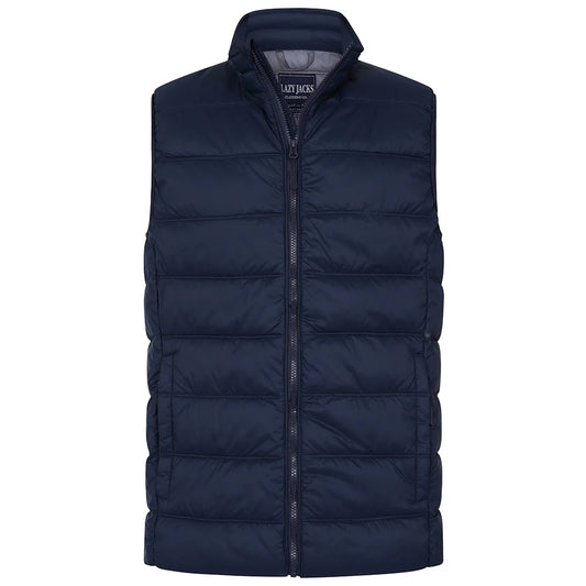 Front view of a mens Lazy Jacks GL3 lightweight padded gilet in Marine Navy with zip through front and two front pockets