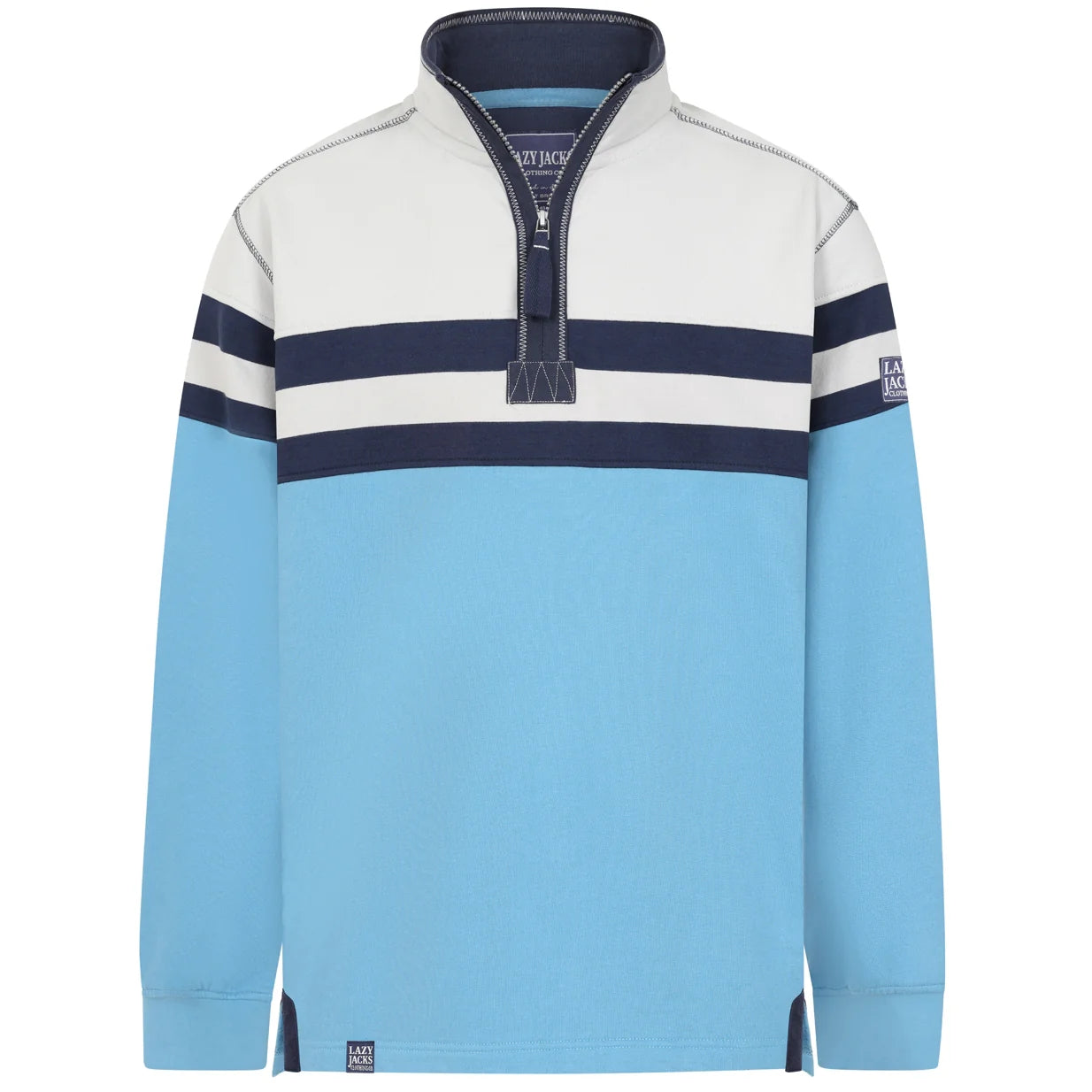 Front view of a mens Lazy Jacks LJ51 1/4 zip sweatshirt in a colour block blue and light grey design with navy stripes across the chest and sleeves.