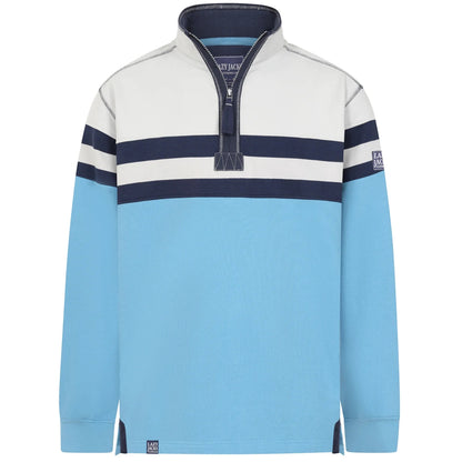 Front view of a mens Lazy Jacks LJ51 1/4 zip sweatshirt in a colour block blue and light grey design with navy stripes across the chest and sleeves.