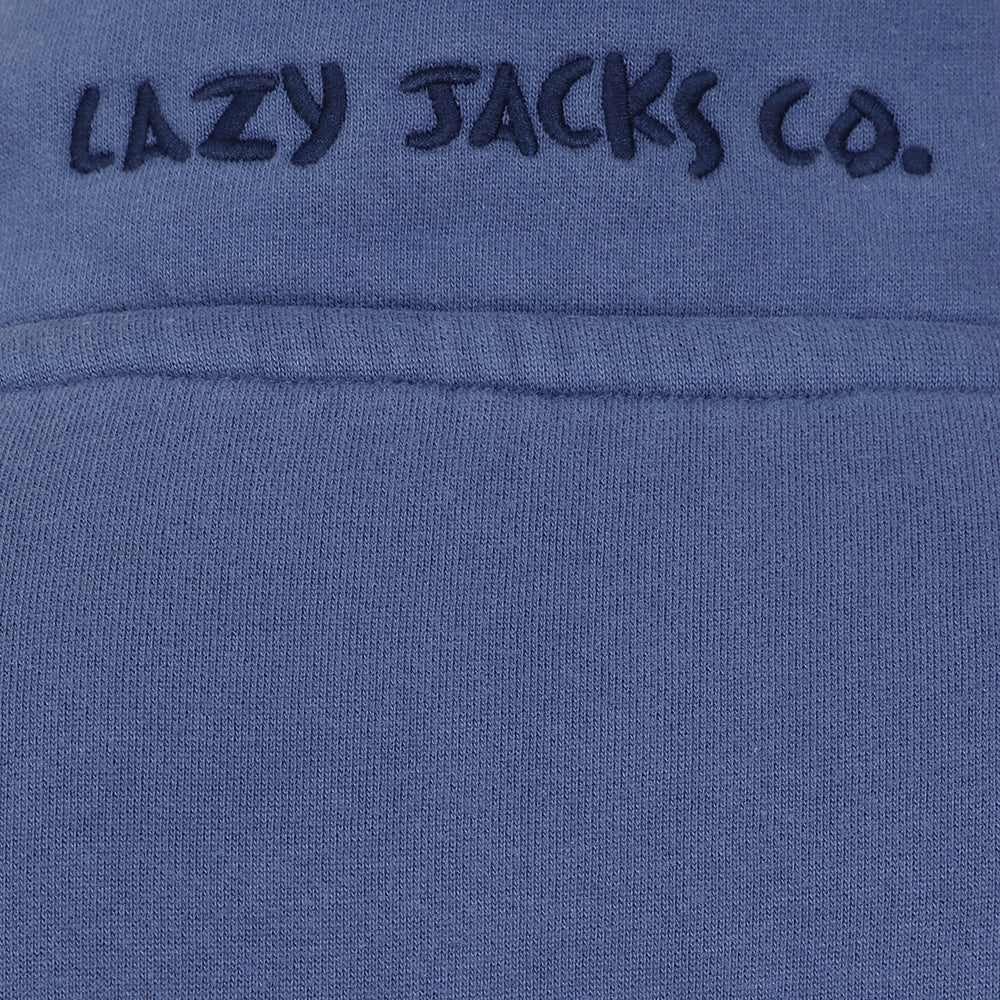 Close-up view of an embroidered logo on the back of a men's Lazy Jacks LJ40 sweatshirt collar in Denim Blue