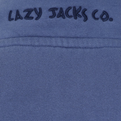 Close-up view of an embroidered logo on the back of a men's Lazy Jacks LJ40 sweatshirt collar in Denim Blue
