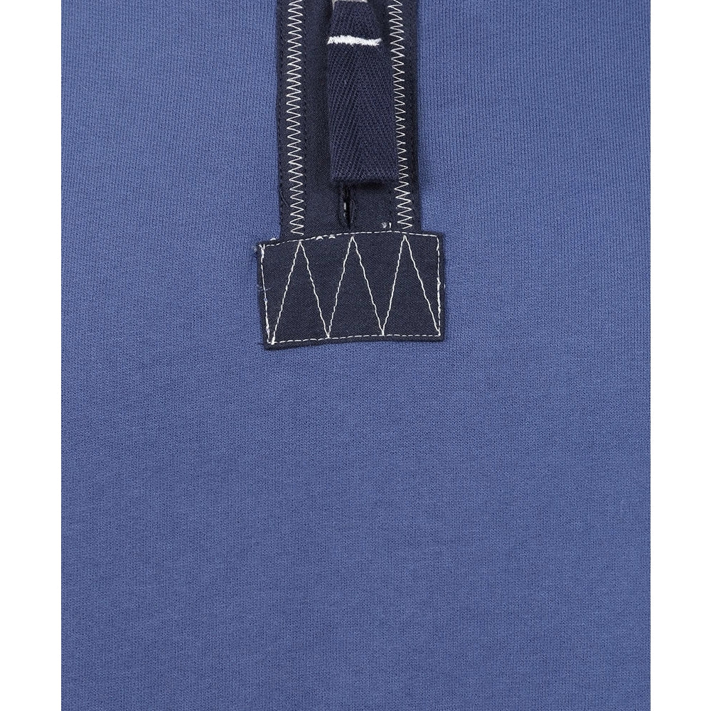 Close-up view of the 1/4 zip of a men's Lazy Jacks LJ40 sweatshirt in Denim Blue
