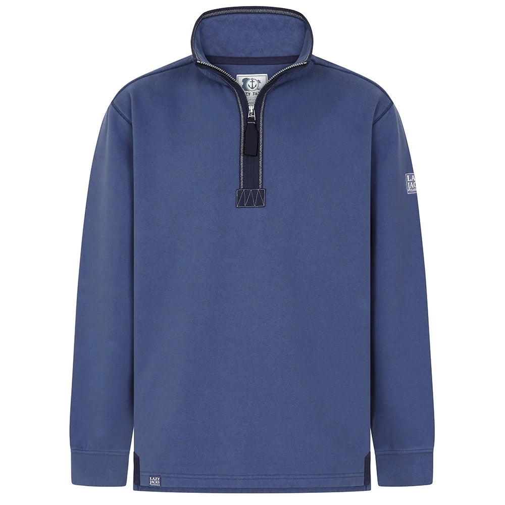 Front view of a men's Lazy Jacks LJ40 sweatshirt in Denim Blue with a 1/4 zip neckline