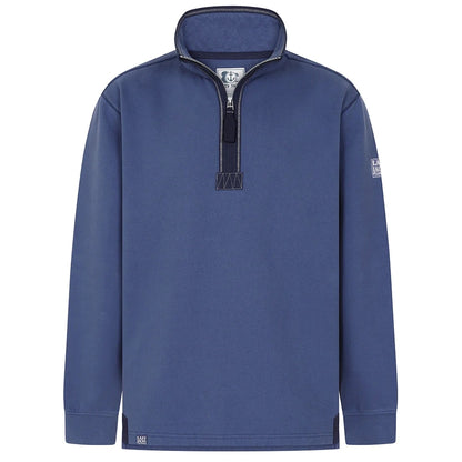 Front view of a men's Lazy Jacks LJ40 sweatshirt in Denim Blue with a 1/4 zip neckline