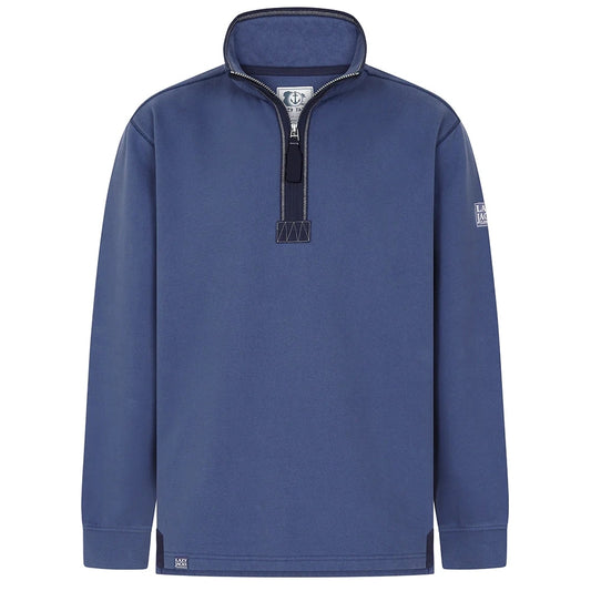 Front view of a men's Lazy Jacks LJ40 sweatshirt in Denim Blue with a 1/4 zip neckline