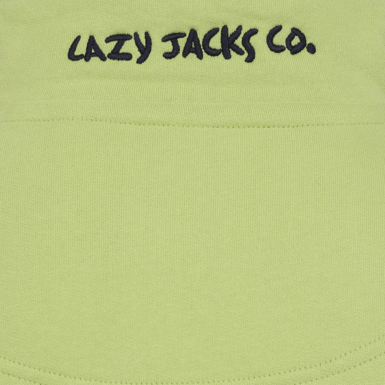 Close-up view of a men's Lazy Jacks LJ40 sweatshirt collar featuring embroidered logo in Lime Green